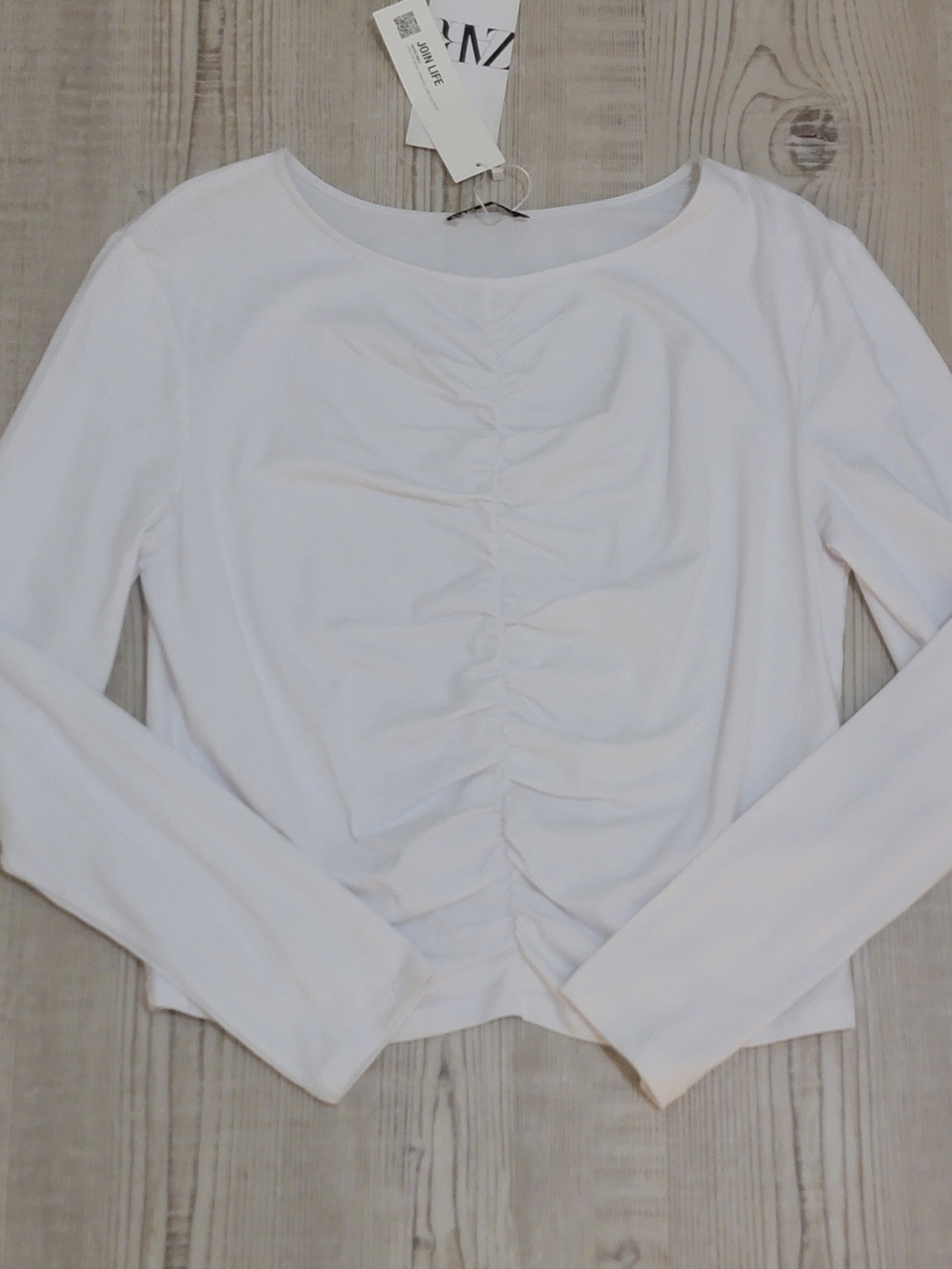 NWT Zara White Long-Sleeve Ruched Center Cotton Blend Tee Large